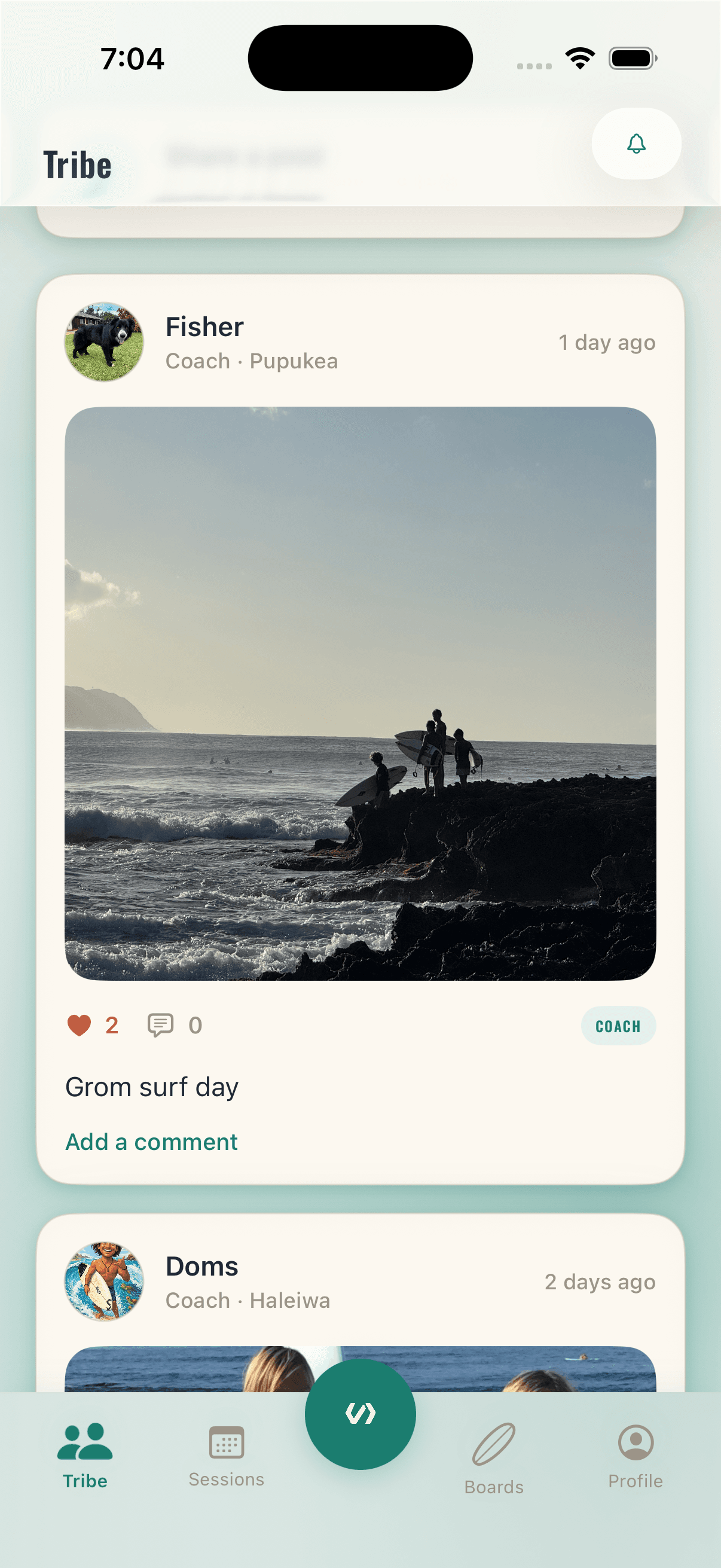 Venture Sessions Tribe feed showing a surf community post.